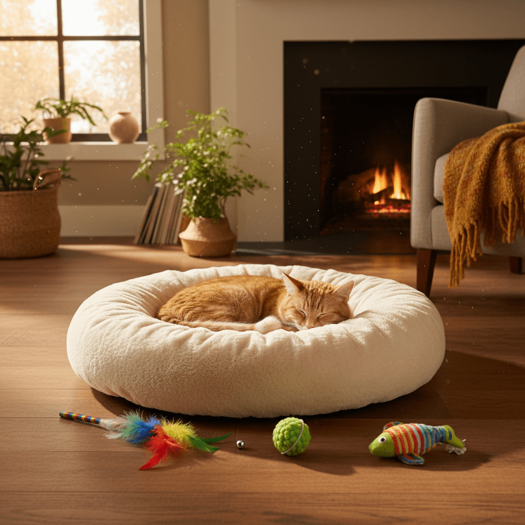 Gemütliches Katzenbett mit Spielzeug